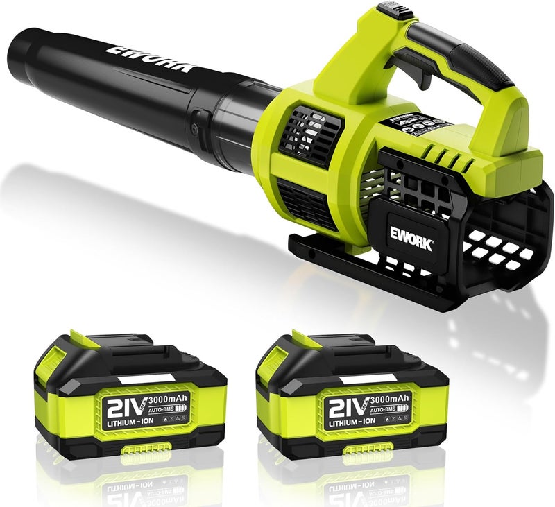 EWORK 21V Cordless Leaf Blower, Powerful Turbo Mode & 550 CFM, 2×3.0Ah Batteries & Fast Charger, Lightweight Electric Leaf Blowers for Lawn Care, Patio, Leaves & Dust - Image 1